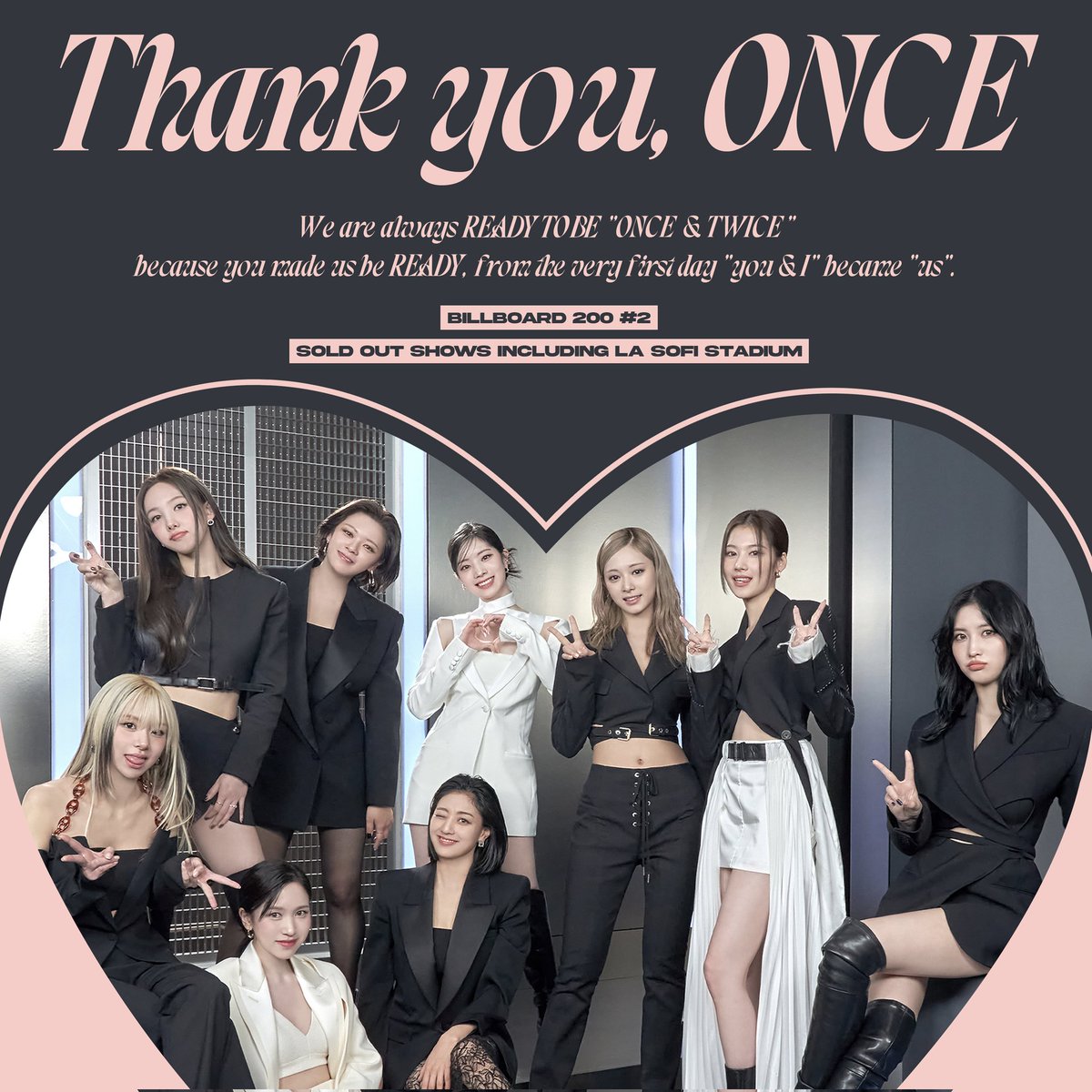 JYPETWICE's tweet photo. 🙌BILLBOARD 200 #2
🙌Sold Out shows including LA SoFi Stadium

Thank you, ONCE❤

We are always READY TO BE "ONCE &amp; TWICE"
because you made us be READY,
from the very first day "you &amp; I" became "us".🥰

#TWICE #트와이스
#READYTOBE #SETMEFREE #TWICE_5TH_WORLD_TOUR https://t.co/2c0GB8AYrq