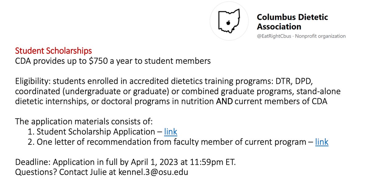 OhioNutrition's tweet photo. Apply now for the Columbus Dietetic Association's Student Scholarships! Applications are due April 1st.

Student Scholarship Application: https://t.co/uWHoG6jloP

Letter of Recommendation: https://t.co/Uoj65ei5Yi https://t.co/FlB7zFShvu