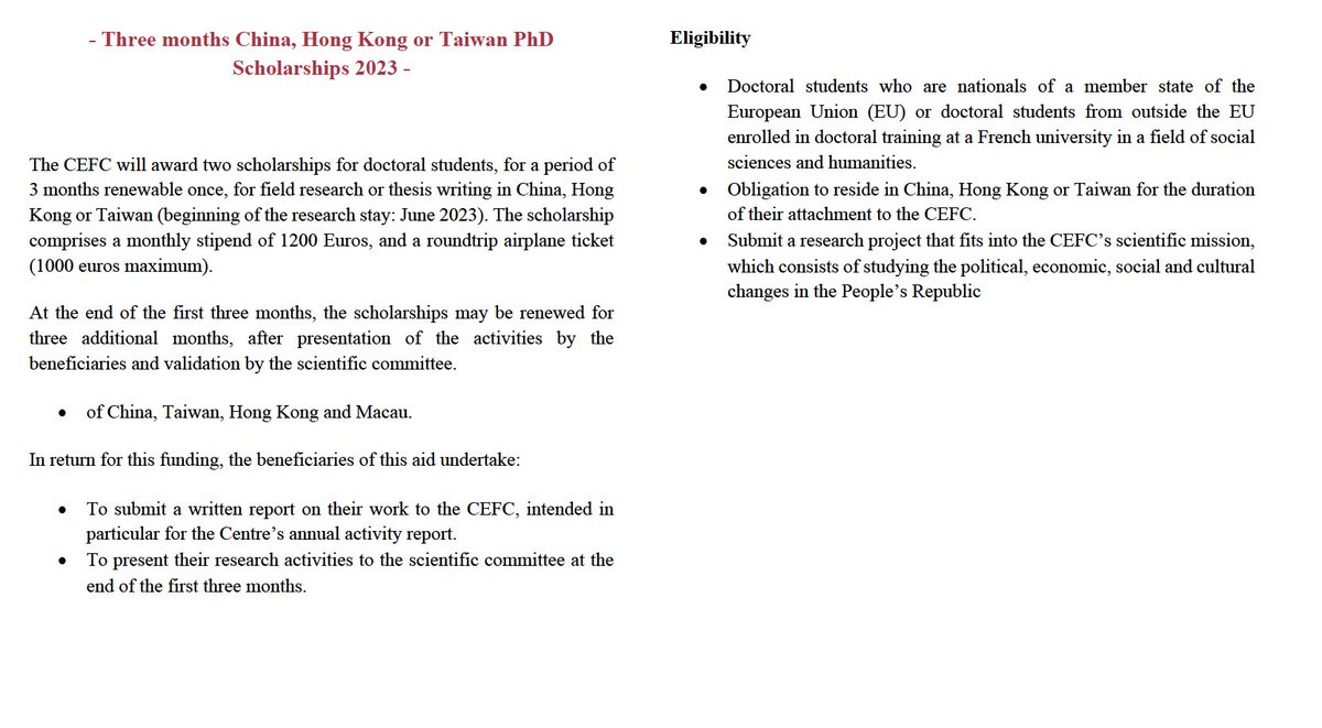 CEFC_HK's tweet photo. The CEFC will award two three-month PhD scholarships of 1200 euros per month for fieldwork research or thesis writing in China, Hong Kong, or Taiwan from June 2023.
🚨 Deadline: 21/04/23.
👉 Details below
📧 Pierre Miège, CEFC Director pierre.miege@cefc.com.hk https://t.co/xIycb9Av0k