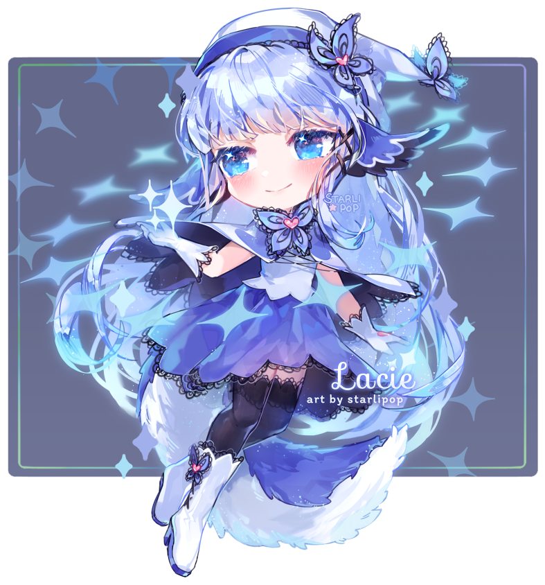 1girl blue eyes solo gloves thighhighs smile blue hair  illustration images
