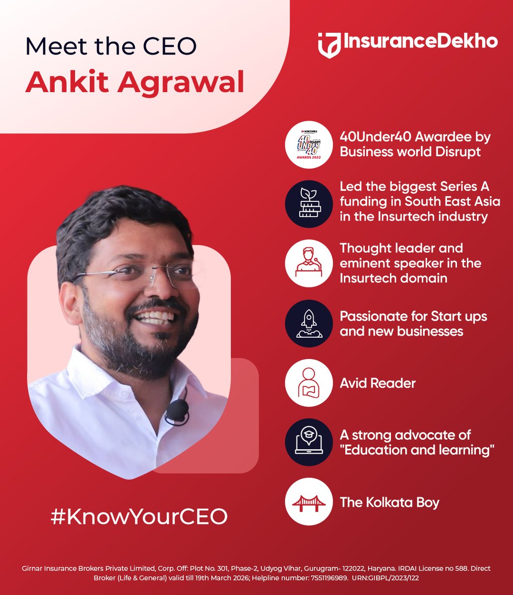 Insurance_Dekho's tweet photo. Meet the person who has been instrumental in the phenomenal growth of #InsuranceDekho. Ankit's vision and tireless efforts have propelled him to the top in the Insurtech sector. @Ankit_agrawal29
#KnowYourCeo #insurtech #growthmindset #leadership https://t.co/3fdumZIneD