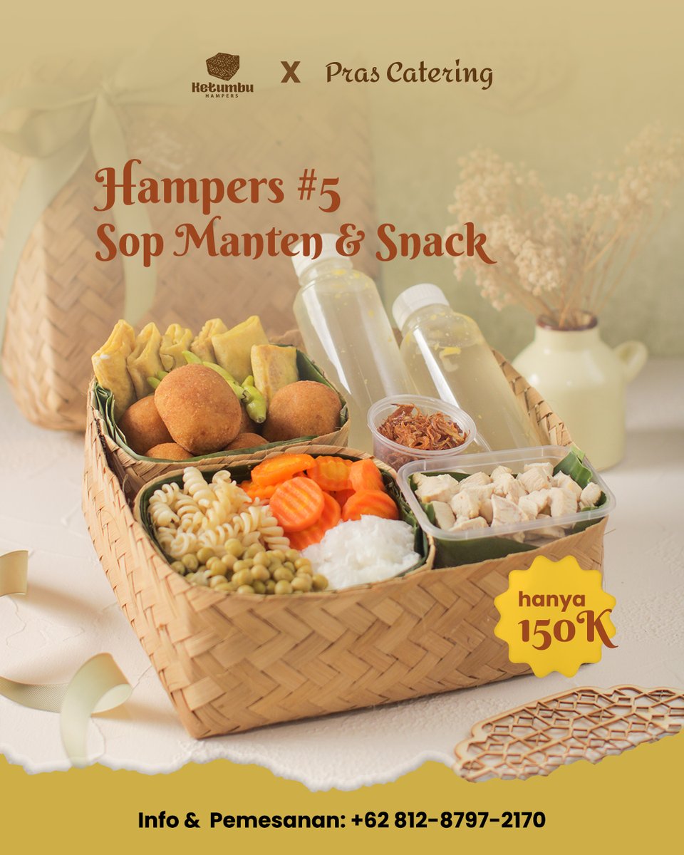 ketumbuid's tweet photo. Hampers #5
Sop Manten &amp; Snack, terdiri dr aneka sayuran (makaroni, wortel, kacang polong, jamur dan daging ayam rebus), bawang goreng serta kuah sop untuk 4 porsi. Dilengkapi dgn 6pcs kroket &amp; 6pcs sosis basah khas Solo.
150K https://t.co/stwMchhZQ9