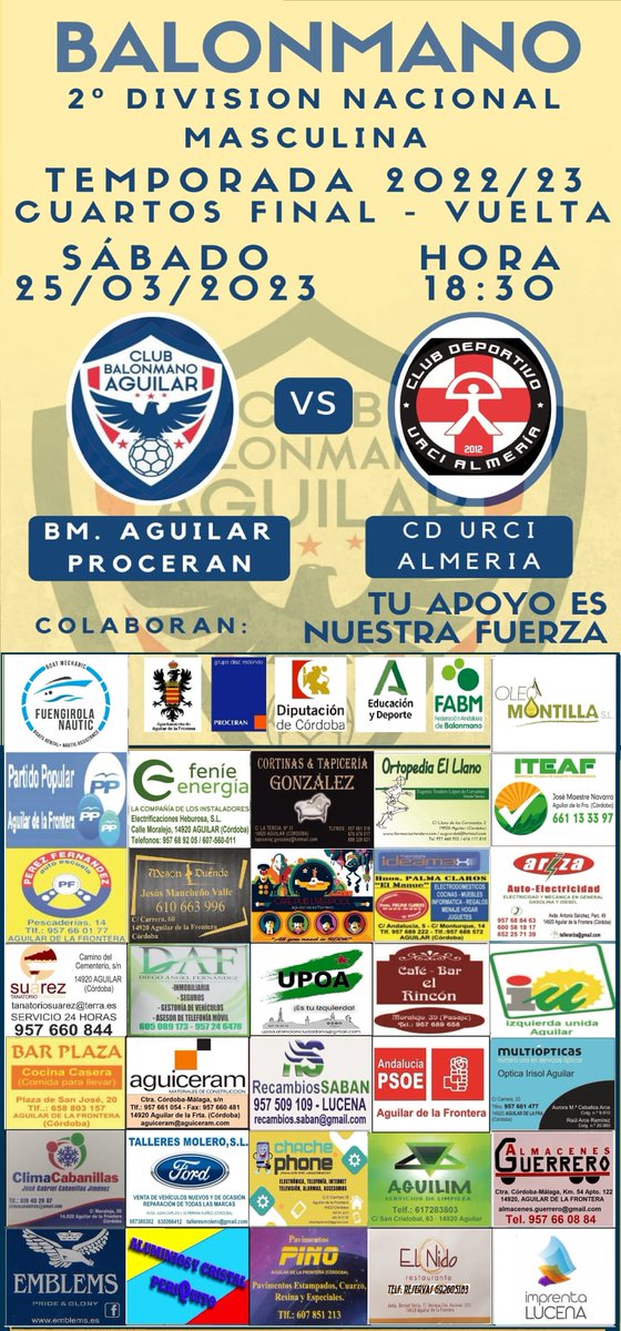 CBM_Aguilar's tweet photo. VUELTA DE CUARTOS DE FINAL EN EL PABLO HURTADO ZURERA.
A UN PASO DE DISPUTAR LA FINAL A4 Y REFRENDAR LA BUENA TEMPORADA DE NUESTROS SENIOR.

 ENFRENTE TENDREMOS A UN GRAN EQUIPO COMO ES @cdurcialmeria.

A SEGUIR CON LA IMBATIBILIDAD EN CASA

Apoya tu equipo!!

#vamosaguilar https://t.co/3yOW7GSSU6