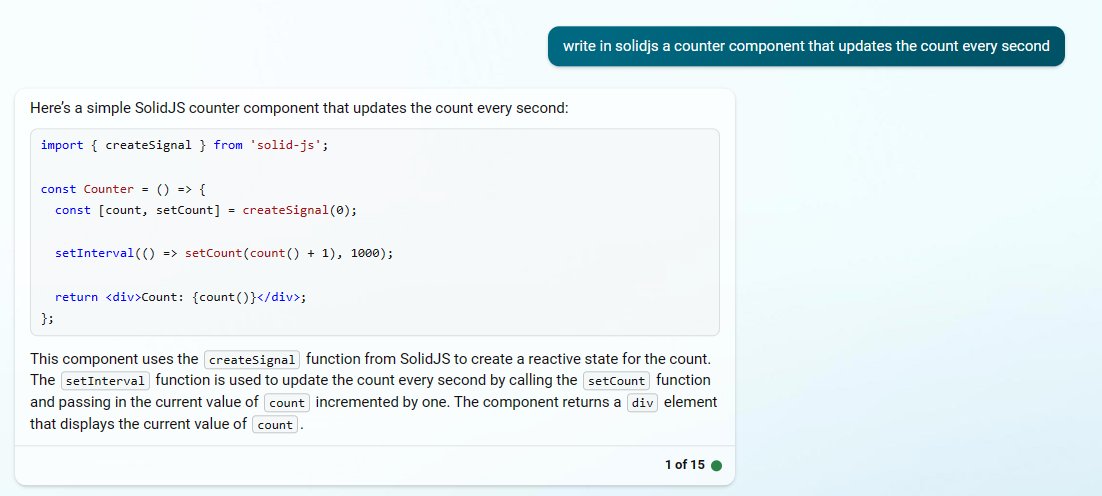 SolidJSWorld's tweet photo. Bing got it right first try
"write in @solid_js a counter component that updates the count every second" https://t.co/HPFlVtvmQm