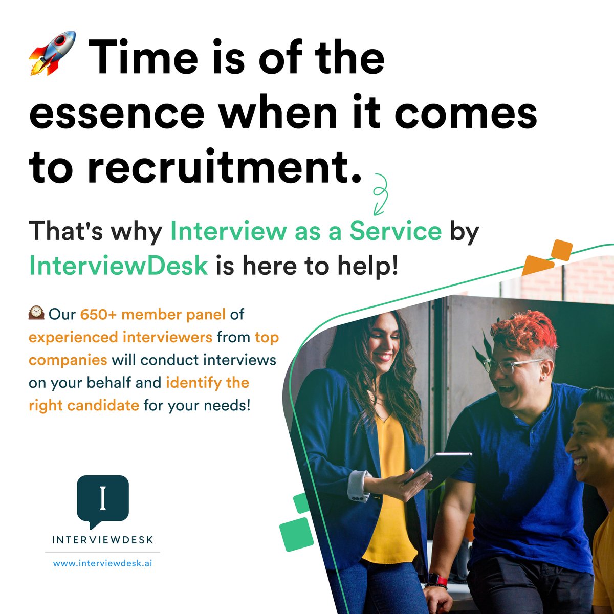 interview_desk's tweet image. 🚀 Time is of the essence when it comes to recruitment. That&apos;s why Interview as a Service by InterviewDesk with 650+ Expert Interviewers is here to help!

Know More - interviewdesk.ai

#InterviewAsAService #OutsourceInterviews #InterviewDesk