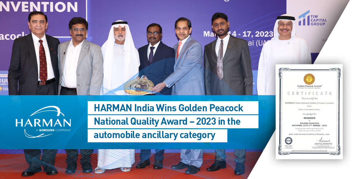 HarmanIndia's tweet photo. We are pleased to announce that HARMAN India has won The famed Golden Peacock Awards, 2023. We won the coveted Golden Peacock National Quality Award โ 2023 in the automobile ancillary category.
Think Auto Tech Think HARMAN!
#manufacturing #quality #ThinkAutoTechThinkHARMAN https://t.co/QW71xvr4FI