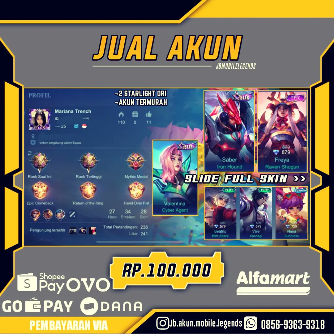 JUALBELIAKUNML's tweet photo. JUAL AKUN MOBILE LEGENDS TERMURAH > UNTUK FULL SS BISA DI SLIDE / MAU BERTANYA² TENTANG AKUNNYA TERLEBIH DAHULU BISA WA NOMOR DIBAWAH❗
~
NOTE :❗SEMUA AKUN YANG SAYA JUAL DISINI LENGKAP DENGAN EMAILNYA ❗
#MLBBIND #JESSNOLIMIT999 #JUALAKUNML #jualbeliakunmlbb #jubelml #jualmurah https://t.co/QFp5vHF92x