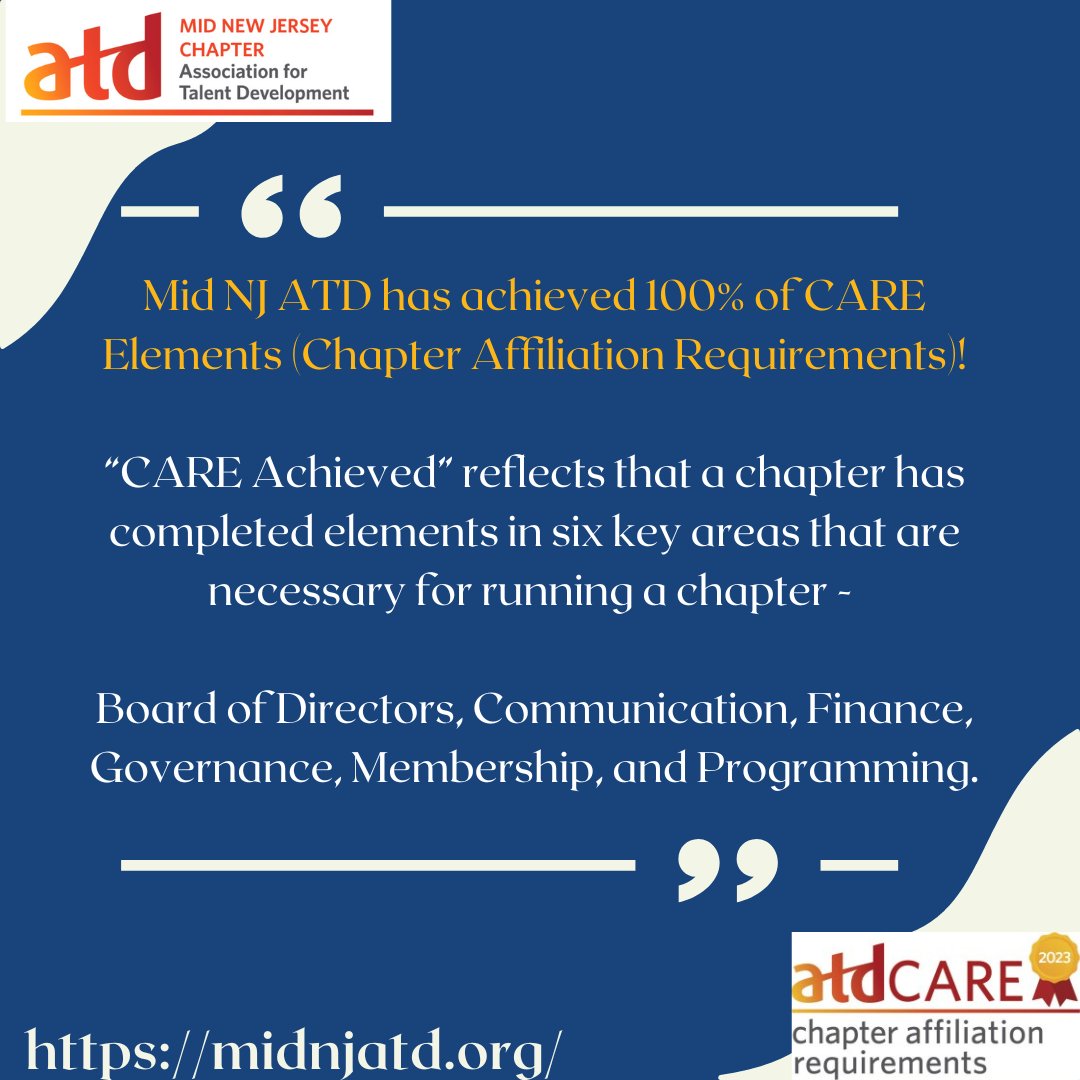 Mid NJ ATD has achieved 100% of CARE Elements (Chapter Affiliation Requirements)! This reflects that we have completed elements in six key areas  necessary for running a chapter - Board of Directors, Communication, Finance, Governance, Membership, and Programming. #MidNJATD