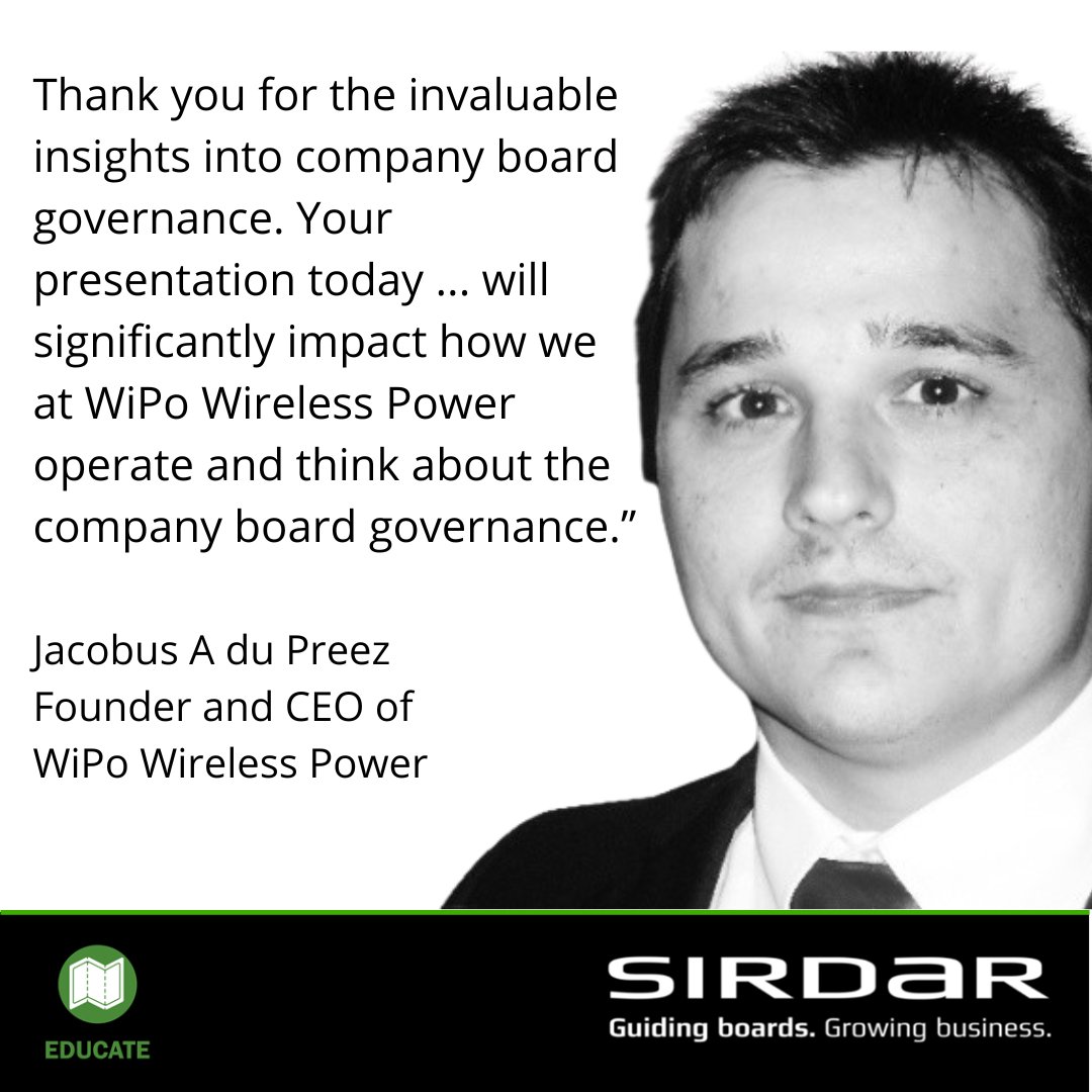 Find out how to make #GoodGovernance real in a boardroom – whether you have a board yet or not – in our next Board Effectiveness Workshop.

<a href="/Yocto42/">Jacobus A. du Preez</a> of <a href="/wipowireless/">WiPo Wireless Power</a> found the learnings from the half-day workshop immense.

sirdargroup.com/services/educa…

#Sirdar #DirectorEducation