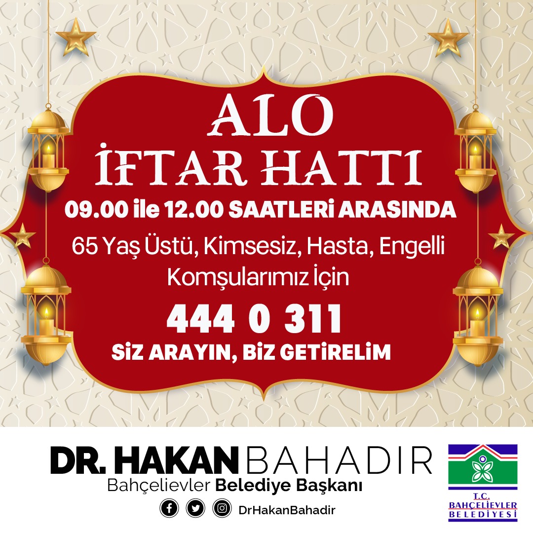 Alo İftar Hattı, 65 yaş üstü, bakıma muhtaç, kimsesiz ve engelli komşularımızın hizmetinde... ☎️

Saat 09.00 ile 12.00 saatleri arasında 444 0 311 çağrı merkezimizi arayın, iftarınızı biz getirelim.