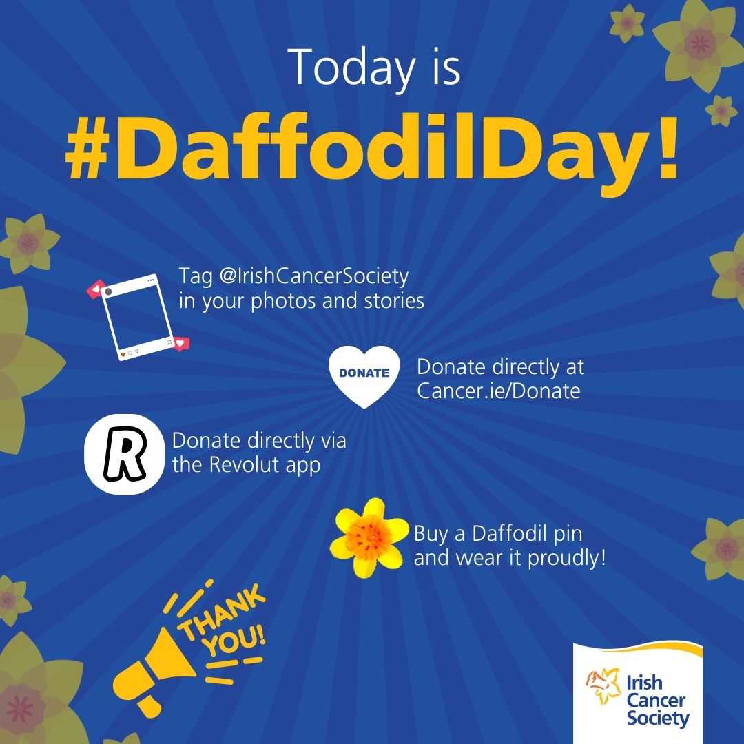 🌼🏵️📣TODAY IS DAFFODIL DAY📣🏵️🌼

Be sure to keep an eye out for our street sellers and boxes all over the country today to purchase your Daffodil pin to show your support for those affected by cancer in Ireland💛

There are also plenty of other ways to #ShowYourSupport:🏵️