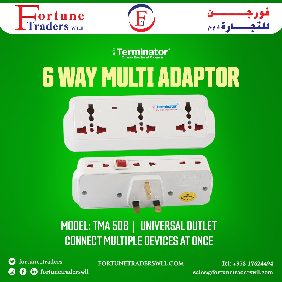 fortune_traders's tweet image. 𝟔 𝐖𝐚𝐲 𝐌𝐮𝐥𝐭𝐢 𝐀𝐝𝐚𝐩𝐭𝐨𝐫• This cable-free multi-adaptor fits directly into a standard 13A wall socket with no wiring required. 𝗖𝗮𝗹𝗹: +973 17624494,16624494
𝗠𝗮𝗶𝗹: Sales@fortunetraderswll.com #terminator #adaptor #multiadaptor