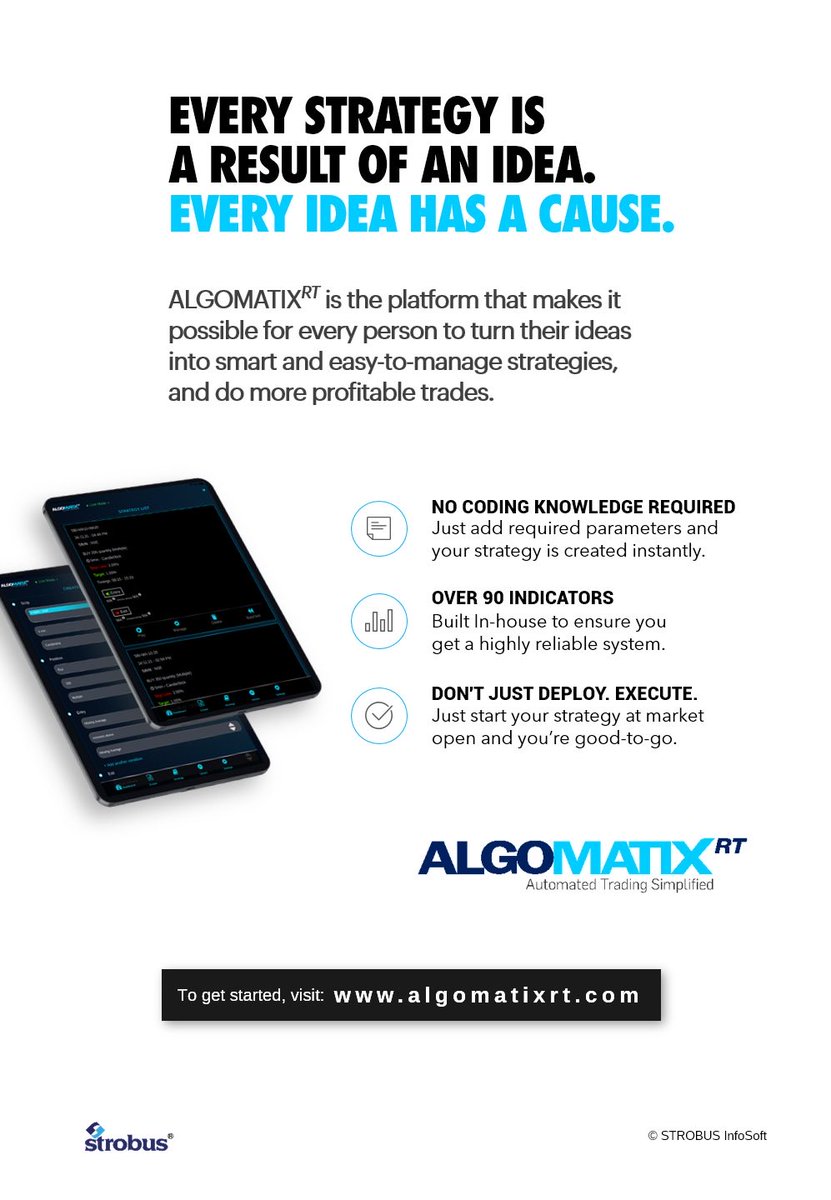 Every strategy is a result of an idea.
Every idea has a cause.
ALGOMATIXᴿᵀ is the platform that makes it possible for everyone to turn their ideas into #SmartTradingStrategies #ProfitableTrades
#AlgoStrategies #AlgoTrading #AutomatedTrading #BackTesting #DataAnalytics #Equities