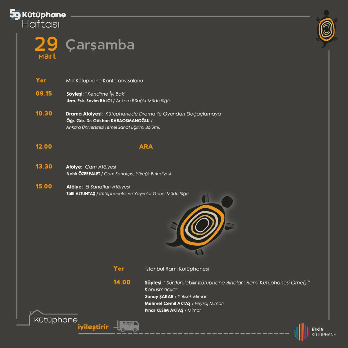 59. Kütüphane Haftası 27 Mart-02 Nisan 2023 tarihlerinde "Kütüphaneler İyileştirir" temasıyla düzenlenecek olup tüm halkımız davetlidir.
<a href="/TCKulturTurizm/">T.C. Kültür ve Turizm Bakanlığı</a> <a href="/etkinkutuphane/">Etkin Kütüphane</a> <a href="/MilliKutupTR/">millikutuphanetr</a> <a href="/ramikutuphanesi/">Rami Kütüphanesi</a> <a href="/adnanotukenihk/">Adnan Ötüken İHK</a>