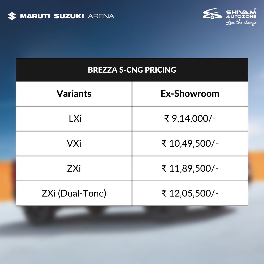 ShivamAutozone's tweet photo. #HotAndTechyBrezza is here for the Cool New Generation 🤩 🙌 
Check out the Key Highlights and Pricing of Brezza S-CNG. Book yours Today!  

Click: https://t.co/osEnqVu0wb  
Call: 8082 666333 

#BrezzaSCNG #cng #scng #pricing #carpecifications #carhighlights #Mumbai https://t.co/l7zjeXdaUR