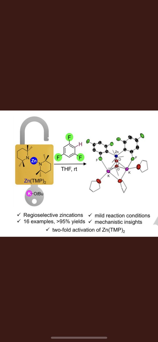 NeilJudge1's tweet image. Delighted to share the latest work from my PhD @EvaHeviaGroup is now online @angew_chem ! Here we unlock the metallation power of Zn(TMP)2 using KOtBu as an additive for the zincation of fluoroarenes, toluene and even benzene! onlinelibrary.wiley.com/doi/10.1002/an…