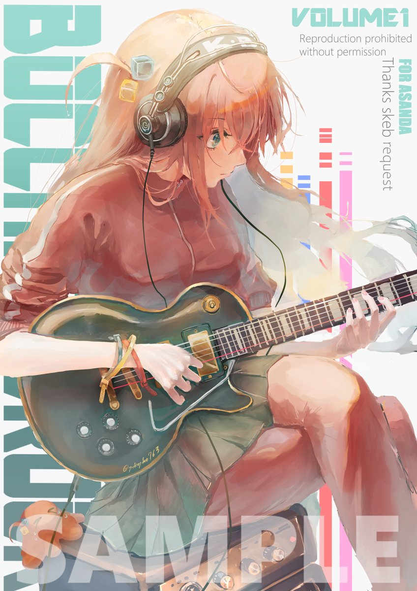 gotou hitori 1girl instrument guitar pants under skirt solo track jacket long hair  illustration images