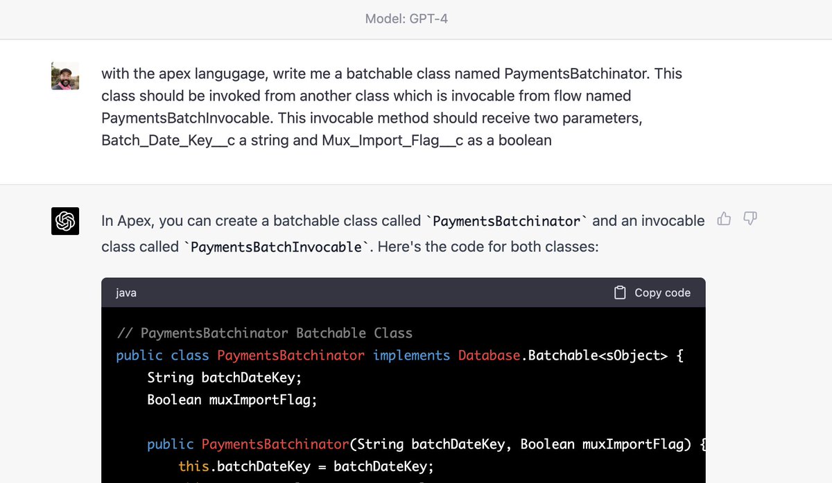 surfahjoe's tweet photo. This is now how I start my work day...log into ChatGPT and start asking it to start working with me. Tonight we prepare a batchable apex data generator wrapped with an invocable method https://t.co/zgs90uDh2Q