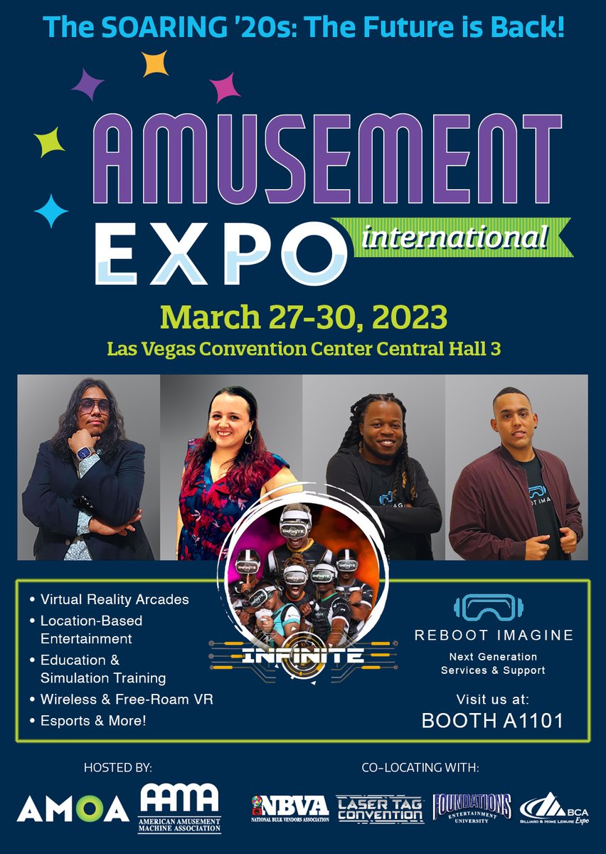 Swing by Booth A1101 and meet the @rebootimagine team at AEI 23! 
@AmusementExpo International in Las Vegas March 27-30 amusementexpo.org/2023/Public/En…

#AEI23 #VR #ESports #Entertainment #arcades #pcvr #freeroamvr #AR #XR #amusementparks #themeparks #virtualproductions #gaming #support