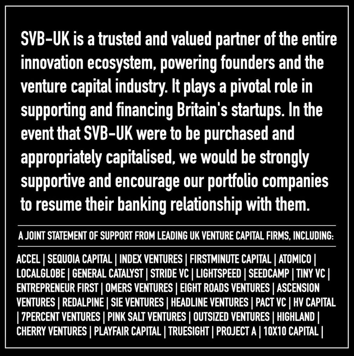Last 72 hours have been rough on all of us in global tech and VC. After several chats with founders and our peers, we have decided to band together as pillars of support for a purchase &amp; recapitalisation of SVB UK. 

<a href="/localglobevc/">LocalGlobe</a> <a href="/Accel/">Accel</a> <a href="/IndexVentures/">Index Ventures</a> <a href="/lightspeedvp/">Lightspeed</a> <a href="/sequoia/">Sequoia Capital</a>
