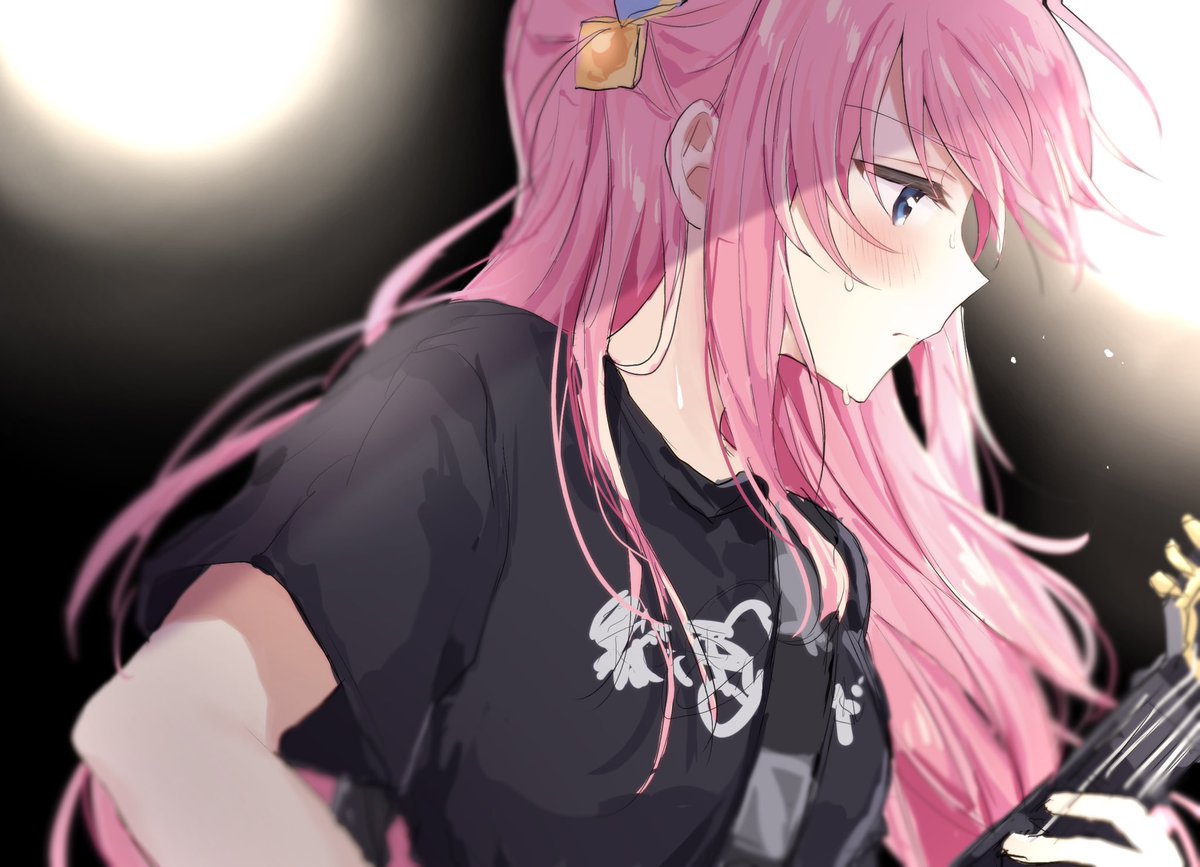 gotou hitori 1girl pink hair shirt long hair solo instrument guitar  illustration images