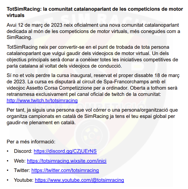 🏁Avui donem neix TotSimRacing, la comunitat catalanoparlant dedicada a les competicions de motor virtual 🏎 #SimRacing

Per això el dissabte 18/3/23 farem una cursa innaugural d'#ACC oberta a tothom. 

Més info a la nota de premsa i a discord: discord.com/invite/CZjUErNS