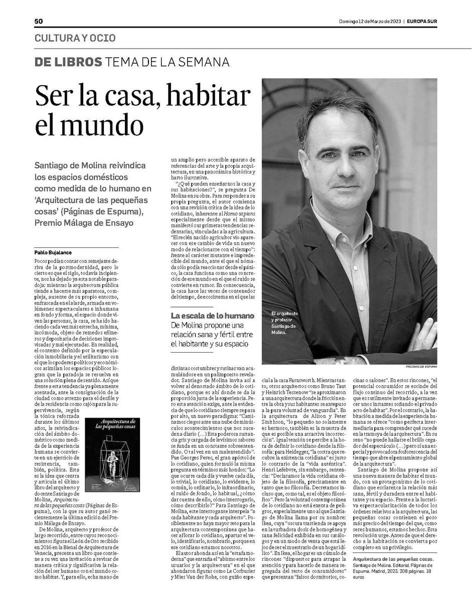 santidemolina's tweet photo. Generosa reseña de @pbujalance del libro "Arquitectura de las pequeñas cosas" en toooda Andalucía... Muy agradecido!! https://t.co/ud1EooLghb