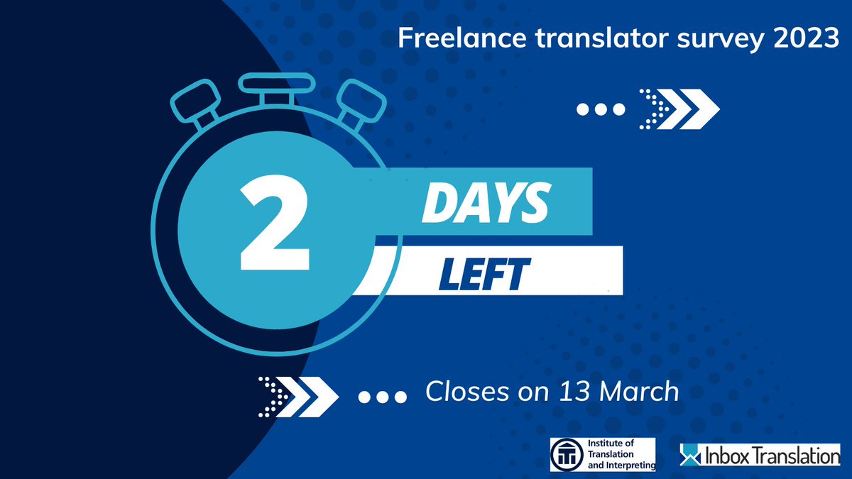Inbox Translation (@inboxtranslate) on Twitter photo Only 2 days left to take part in our survey on freelance translation rates (and more). Share your experience 👇 
surveymonkey.co.uk/r/freelance-tr… 
w/ @ITIUK Only 2 days left to take part in our survey on freelance translation rates (and more). Share your experience 👇 
surveymonkey.co.uk/r/freelance-tr… 
w/ @ITIUK