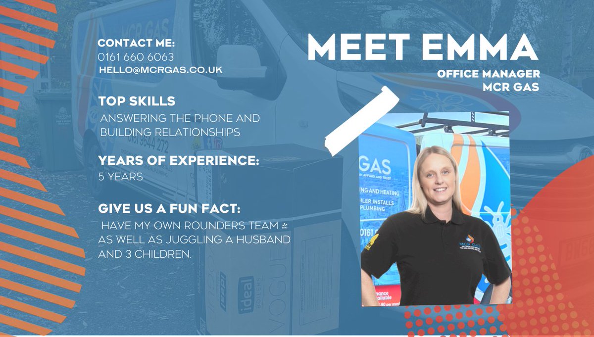 Meet Emma, MCR Gas's Office Manager.

"We had a boiler fitted, excellent service, Emma was brilliant arranging everything for us. Definitely recommended thank you very much."⭐⭐⭐⭐⭐

#meettheteam