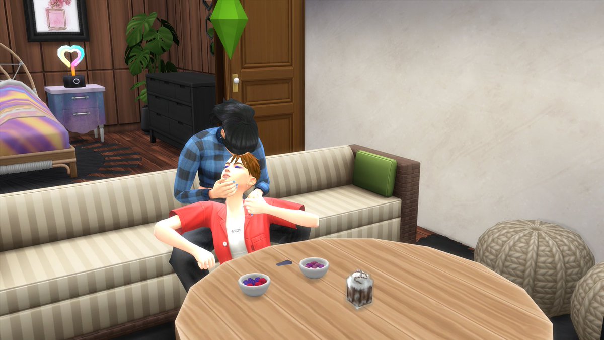 EveeSims's tweet photo. Later that evening Artemis and Demi are cuddling in front of a movie with berries and coffee. Meanwhile Zeus is happily painting in his room. https://t.co/3tFWz6bUFe