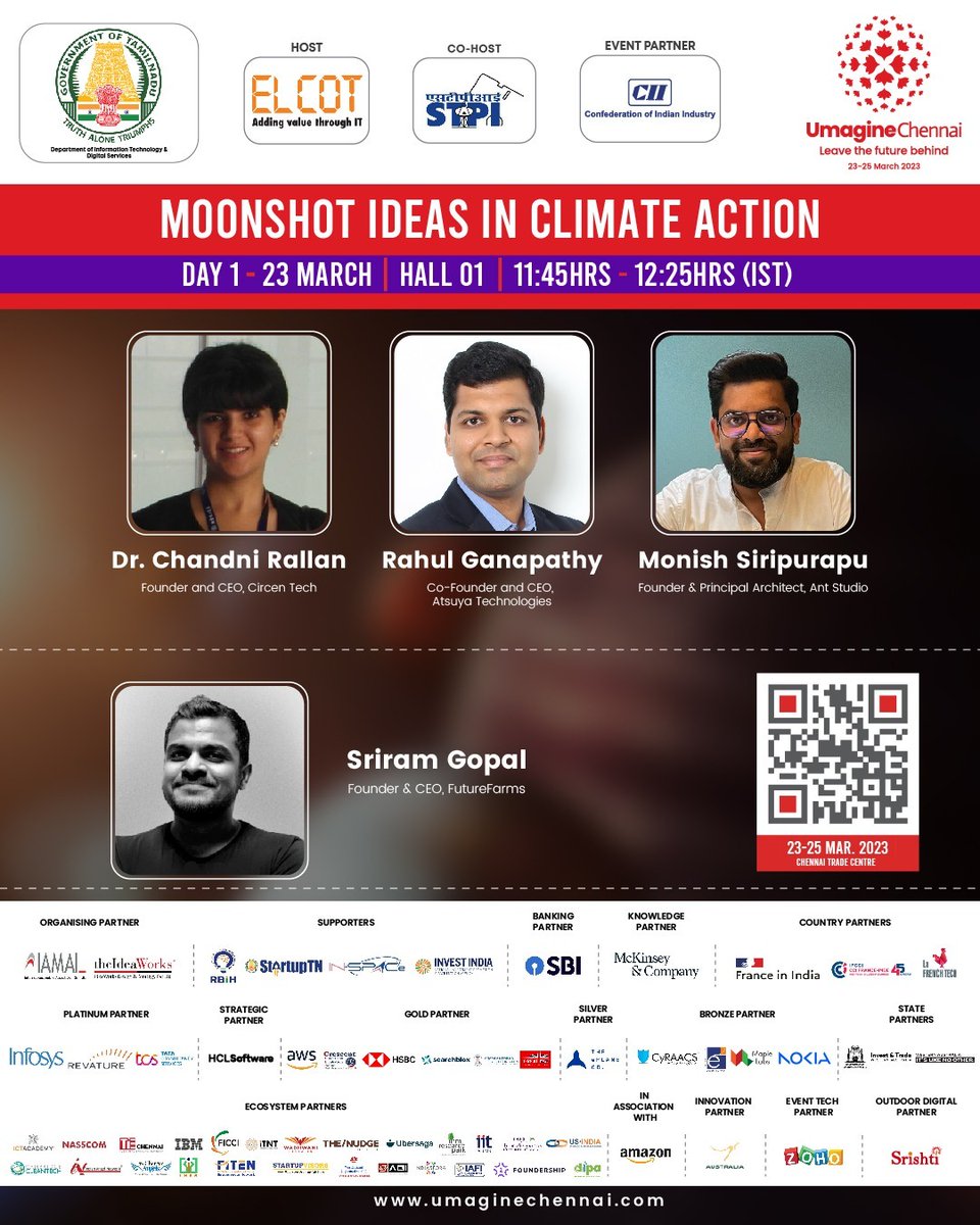 umaginechennai's tweet photo. Join us at #Umagine for an exciting panel discussion of the pitch on Moonshot Ideas in Climate Action

Moderator
Sriram Gopal

Our panellists are:
Dr Chandni Rallan
@Rahulganapathy 
@antstudio_mo 

 https://t.co/U9N5BnCdtQ

@Manothangaraj @ELCOT_TN @stpiindia  @FollowCII https://t.co/IhO6IDjIGO
