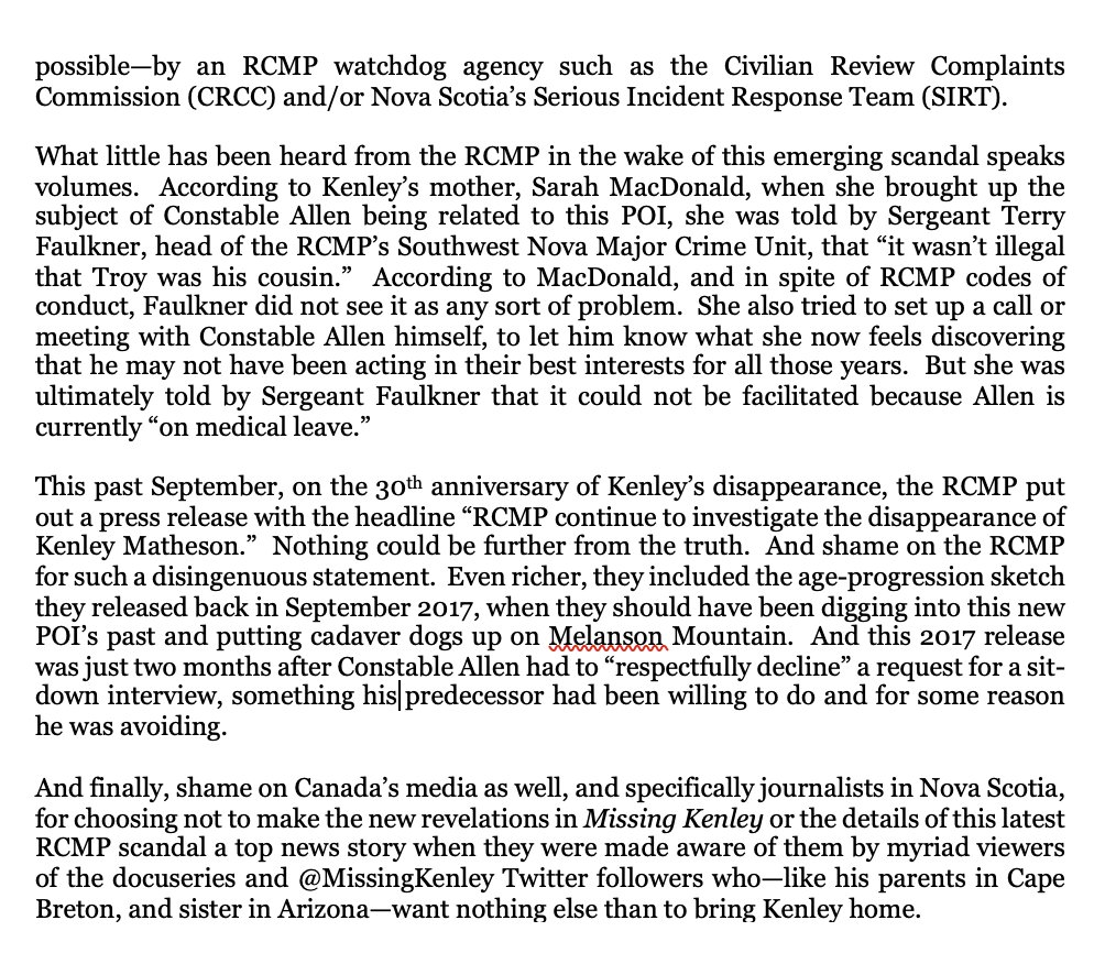Sunday Op-Ed:  "RCMP Obstruction of Justice in the Missing Kenley Case"