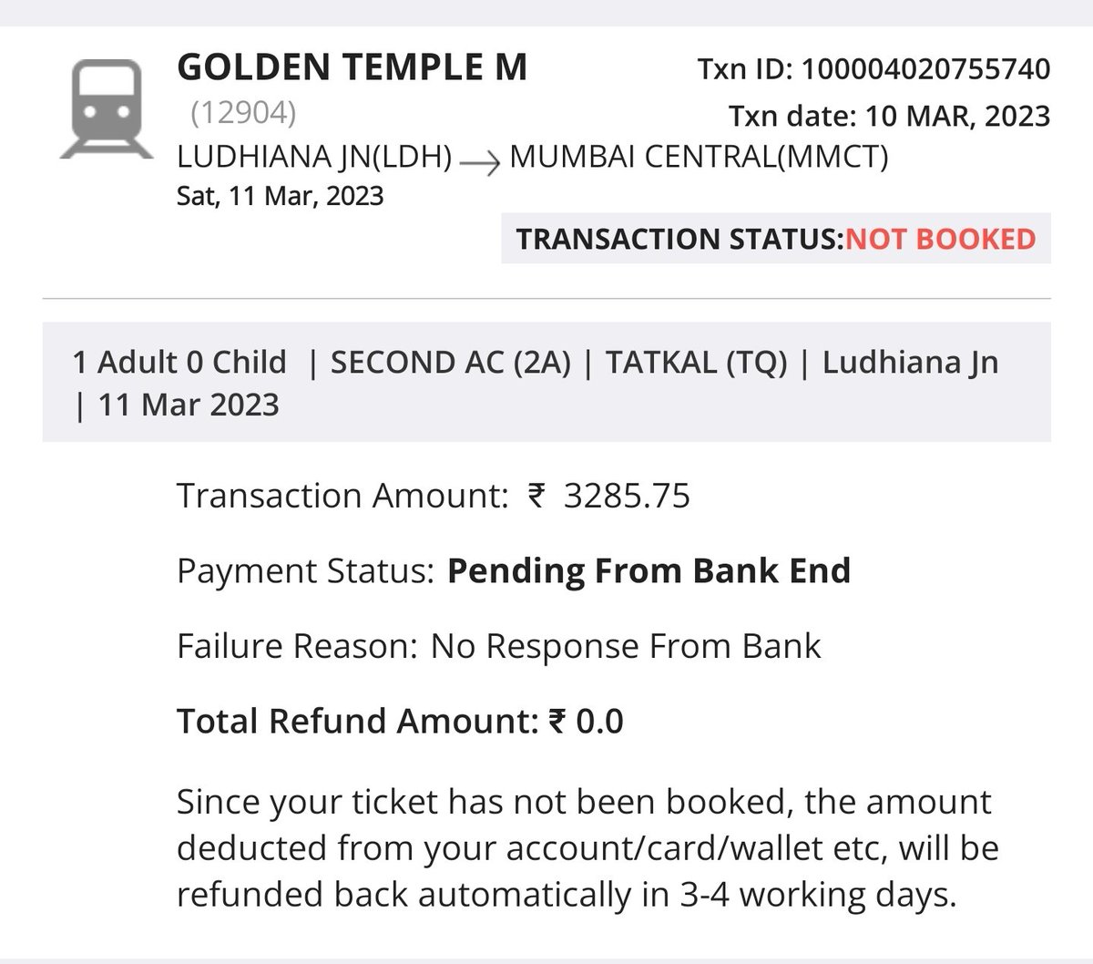 khanna003's tweet photo. @IRCTCofficial @AshwiniVaishnaw 
Ticket booking failed but amount deducted. Nothing refunded as of now. Pls look into this Ashwini &amp; IRCTC. https://t.co/kUJTgD6jKz