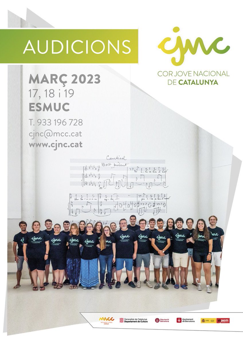 ⚠️ Estem a punt de tancar inscripcions a les audicions del #CJNC!

Dos anys de projecte formatiu al més al nivell sota la direcció de Mireia Barrera.

Tota la informació i inscripcions a ⬇️
cjnc.mcc.cat