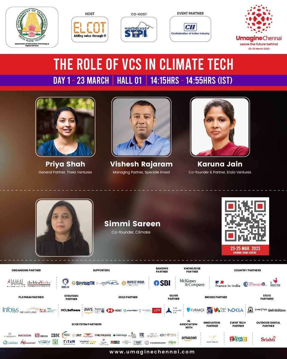 Join us at #Umagine for an insightful panel discussion of The Role of VCs in Climate Tech.

Moderator
<a href="/SimmSareen/">Simmi Sareen</a> 

Our panellists are:
<a href="/PriyaShah10/">Priya Shah</a> 
<a href="/visheshrajaram/">Vishesh Rajaram</a> 
<a href="/karunajain21/">Karuna Jain</a> 

Know more - bit.ly/3WOkGM5

<a href="/Manothangaraj/">Mano Thangaraj - தமிழ்நாட்டை தலைகுனிய விடமாட்டேன்</a> <a href="/ELCOT_TN/">ELCOT</a>  <a href="/stpiindia/">STPI</a> <a href="/FollowCII/">Confederation of Indian Industry</a>