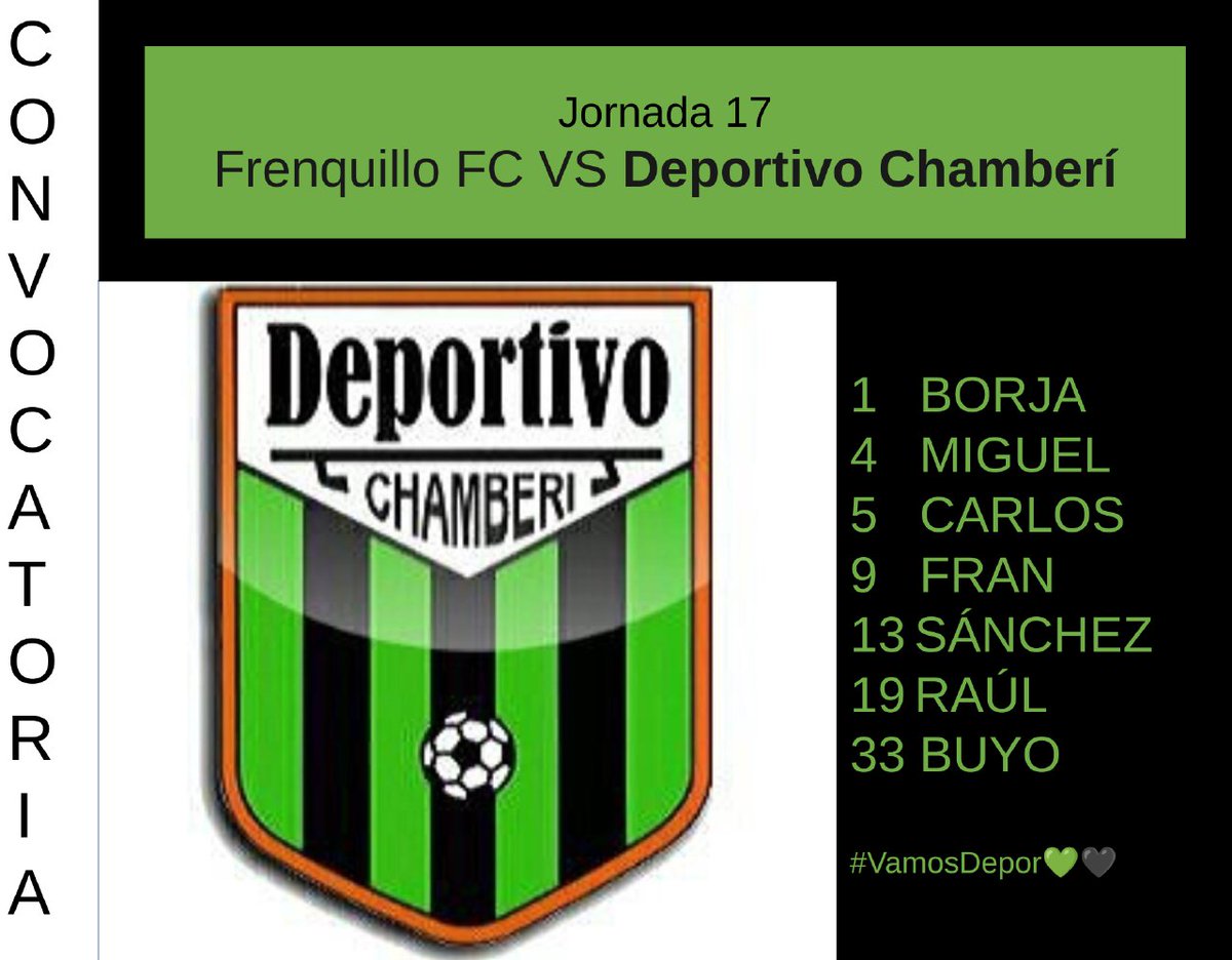 DeporChamberi's tweet photo. ¡Un domingo más por aquí! Todavía no nos hemos cansado de twittear 😂 El partido de hoy:

🏟️ Polideportivo Canal
📑 Jornada 17
🕓 15:00h
🆚 Frenquillo FC

¡Aquí están los convocados!👇
#VamosDepor💚🖤 https://t.co/yu1fNJ3sfa