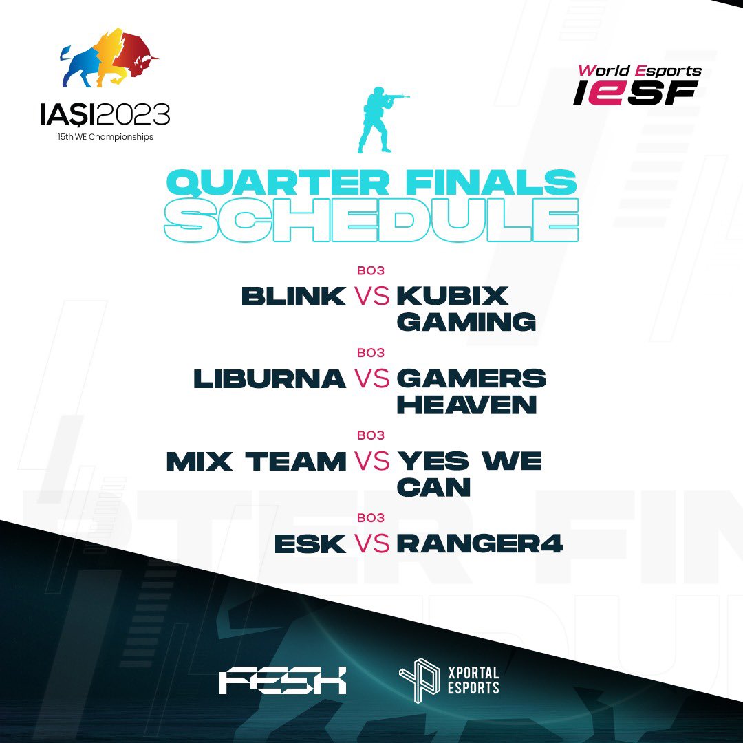 Kampionati Shteteror CSGO Quarter Finals! 🇽🇰🏆

Të gjitha lojërat sot janë BO3 dhe fillojnë në ora 14:00h ⏰🔥

Livestream Game: BLINK VS KUBIX GAMING ⚔️

twitch.tv/xportalesports ➡️🖥️🔴