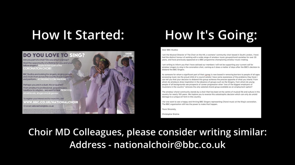 My response, on behalf of our community music groups, to the BBC's call for singers for a 'national choir' to celebrate the king's coronation. @BBCSingers @abcdtweets #WeAreTheBBCSingers