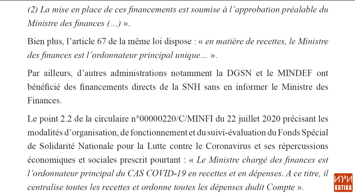 tassingremi's tweet photo. Gars, le 2ème rapport de la Chambre des Comptes est dehors

Petit extrait: «la DGSN et le @mindefcm ont bénéficié des financements directs de la SNH sans en informer le @minfi_cameroun»
Ministre, députés, colonel..obtiennet aide @MinaderCm

https://t.co/Om1uNpzQj9

#CovidGate237 https://t.co/O0Sbubp9sW