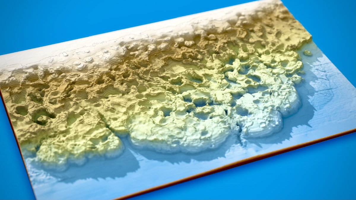 GEBCO bathymetric data from the Gulf of Mexico illustrating a seafloor morphology produced by salt tectonics. Image covers roughly 450 km x 300 km eos.org/science-update… <a href="/gebcobathymetry/">GEBCO bathymetry</a> #rayshader #QGIS #rstats