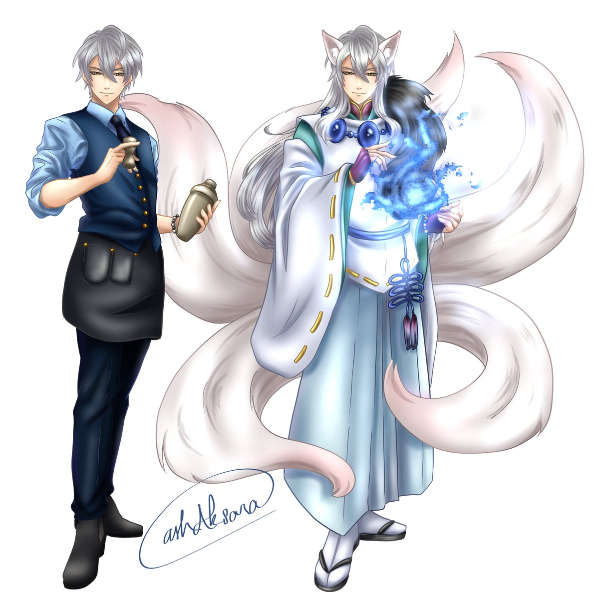 azuchis_kitsune's tweet photo. #TOUNOKI2
#ProfilMitsu
Mitsuhide adalah siluman rubah ekor 5 dengan kekuatan api biru dan kemampuan menciptakan ilusi. Sehari-harinya bekerja sebagai bartender di bar Kitsune House. Handal dalam mendengarkan curhat pengunjung.
Usia (siluman): 500 tahun
Usia (manusia): 30 tahun https://t.co/UJQlywemzz