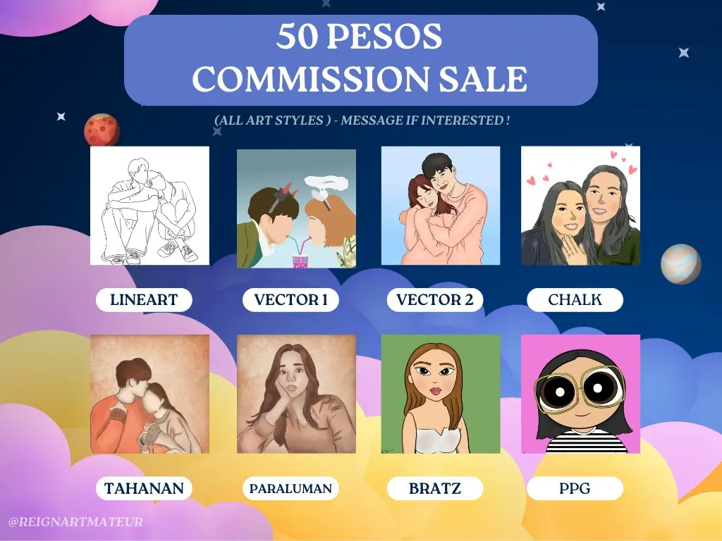 reignartmateur's tweet photo. 50 PESOS COMMISSIONS OPEN !!! 

Want a gift for your significant other? Want help to layout or design pubmats for your organization/homework? Or you want to simply buy a custom artwork for yourself? I GOT YOU! DM ME. 💗 #commissionph #lfcommissioner #artph #commissionsopen https://t.co/RlbwIkQCQA