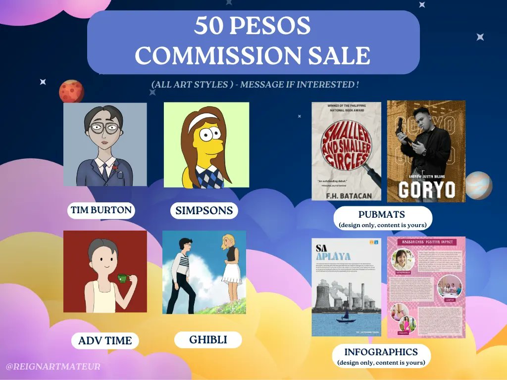 reignartmateur's tweet photo. 50 PESOS COMMISSIONS OPEN !!! 

Want a gift for your significant other? Want help to layout or design pubmats for your organization/homework? Or you want to simply buy a custom artwork for yourself? I GOT YOU! DM ME. 💗 #commissionph #lfcommissioner #artph #commissionsopen https://t.co/RlbwIkQCQA