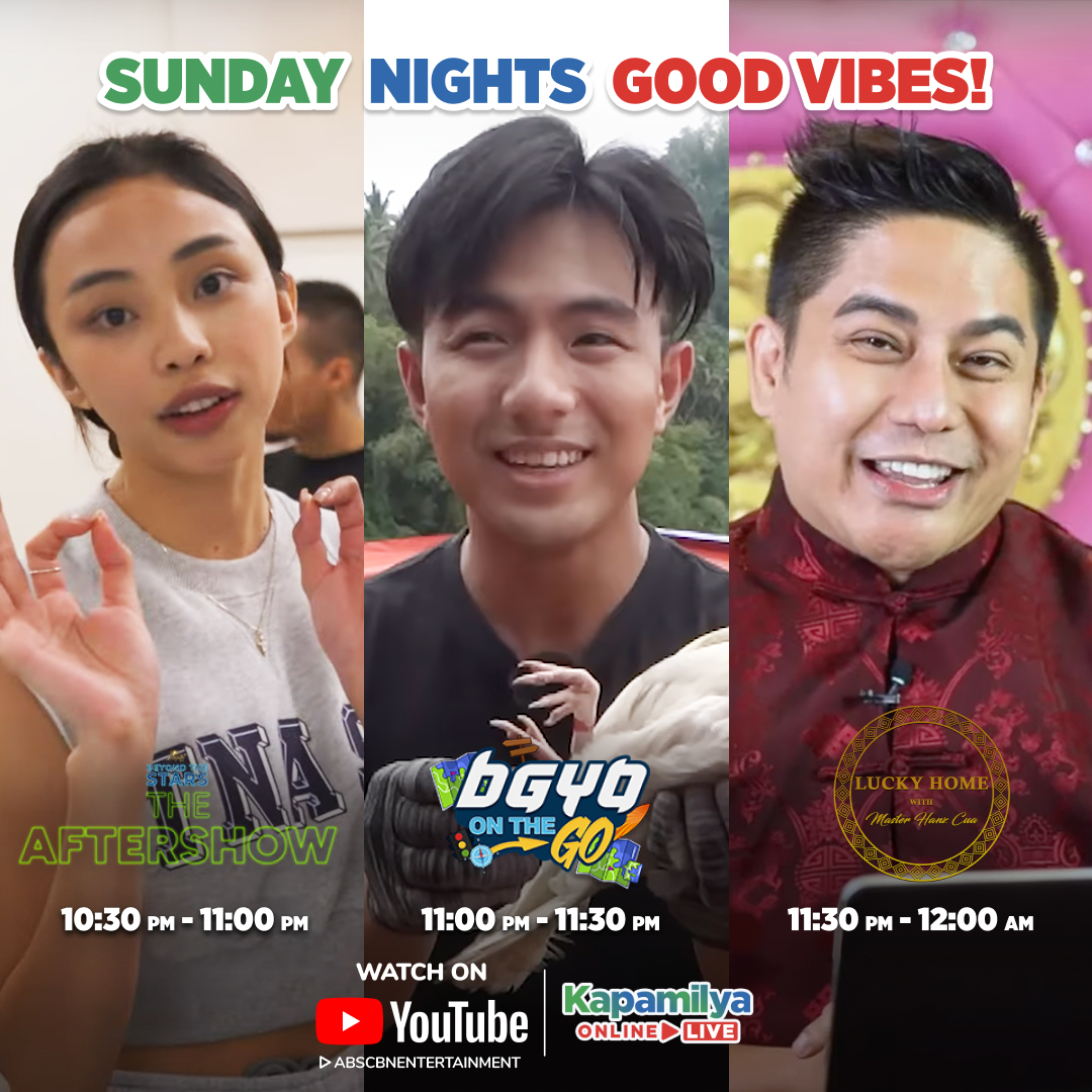 ABSCBN's tweet image. There’s no better way to start your week than with some good vibes on a Sunday night! Watch #TheAftershow, #BGYOonTheGo, and #LuckyHome on Kapamilya Online Live! ✨