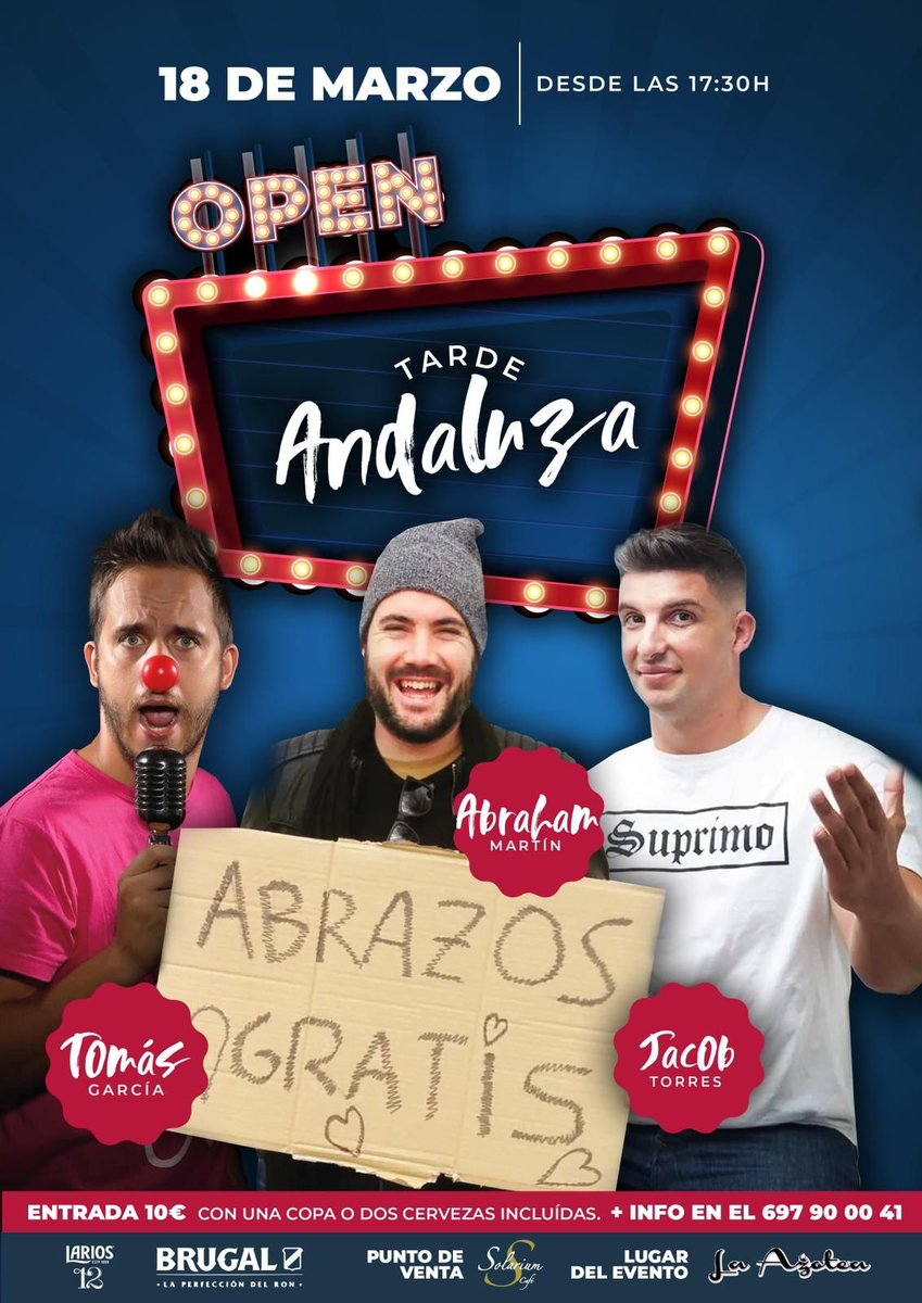 ¡VAMOSSSSS!

SÁBADO 18 DE MARZO
<a href="/TomasGarciaTG/">TOMÁS GARCÍA SERRANO</a> <a href="/TomasGarciaFans/">Tomás García Fans</a>
<a href="/AbrahamMartinCo/">Abraham Martín Cómico</a>

🎙️SOLARIUM LA AZOTEA,TORRE DEL MAR.

🕠17:30
