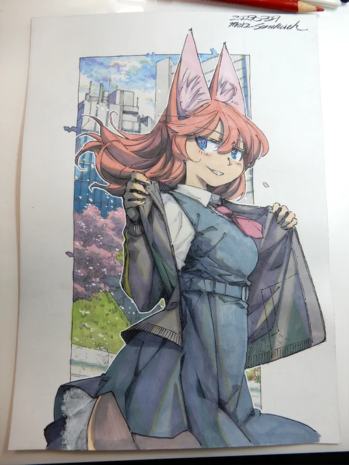【アナログ1927:堤防の桜風】病院で描いた線画に背景を付けて着色。#水彩 #狐娘 #原画 