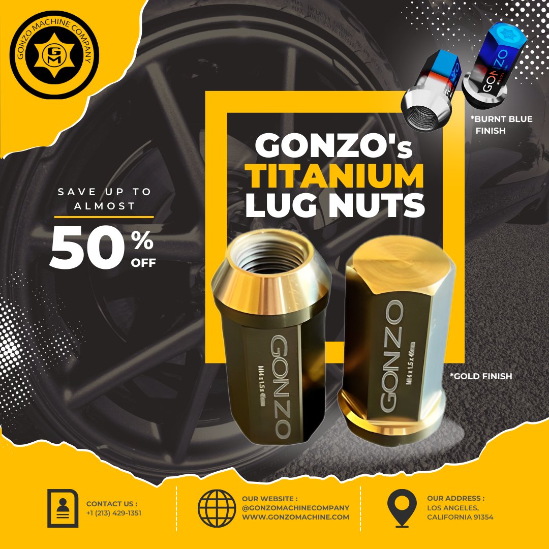 machine_gonzo's tweet image. Now at an unbeatable price of only $249, down from the original $495. Don't miss out on this exclusive offer! 🔧🔩🚗 

gonzomachine.com

#GonzosTitaniumLugNuts #UpgradeYourRide #TitaniumStrength #HeadTurningStyle
#gonzomachine