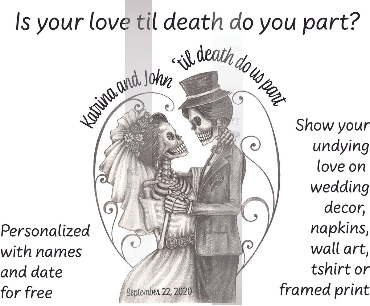 angielippard's tweet image. Is your love till death do you part? Share that dark passion on your wedding day, vow renewal with a personalized wedding gift. #Goth #WeddingSVG #WeddingPNG #skeletonbride #skeletongroom #tilldeathdoyoupart #anniversary #VowRenewal #halloweenclipart #darklove
