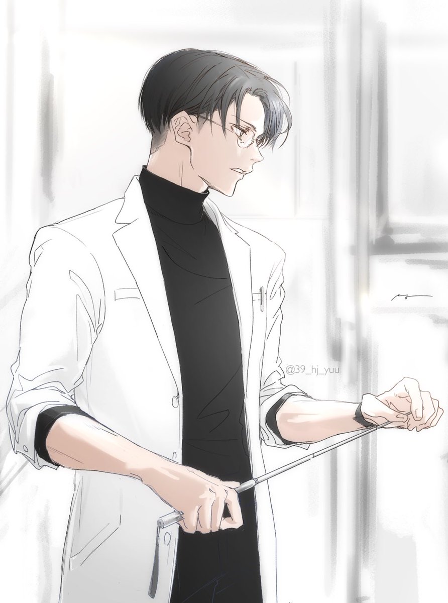 1boy male focus solo glasses labcoat black hair short hair  illustration images