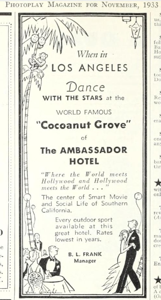 SoScarlett1's tweet photo. Magazine advert for the Cocoanut Grove nightclub inside the Ambassador Hotel, Los Angeles. The club had a palm tree motif and hosted many starry events, like the 1940 Oscars. #oldmoviestars #TCM #oldHollywood #oldmovies #GWTW #GONEWITHTHEWIND #TCMparty #CocoanutGrove #Oscars https://t.co/VUe8FcIZlu